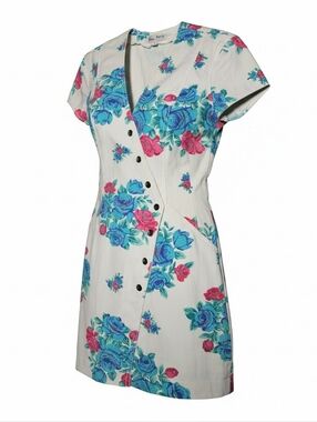 Vintage Paris Blue Floral Print Mini Dress Shabby Chic Size 9
